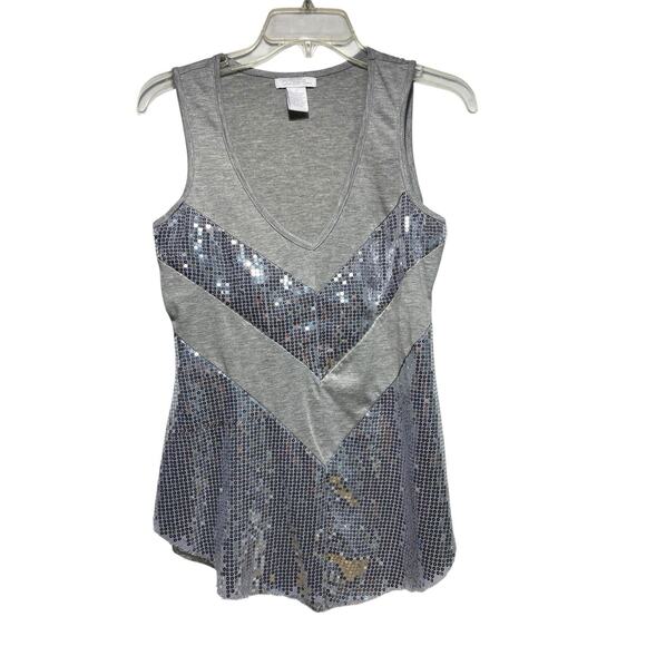 Charlotte Russe Shirt Size Large Sequins Tank Top Y2K Gray Silver Eyelash Hem - Picture 1 of 2